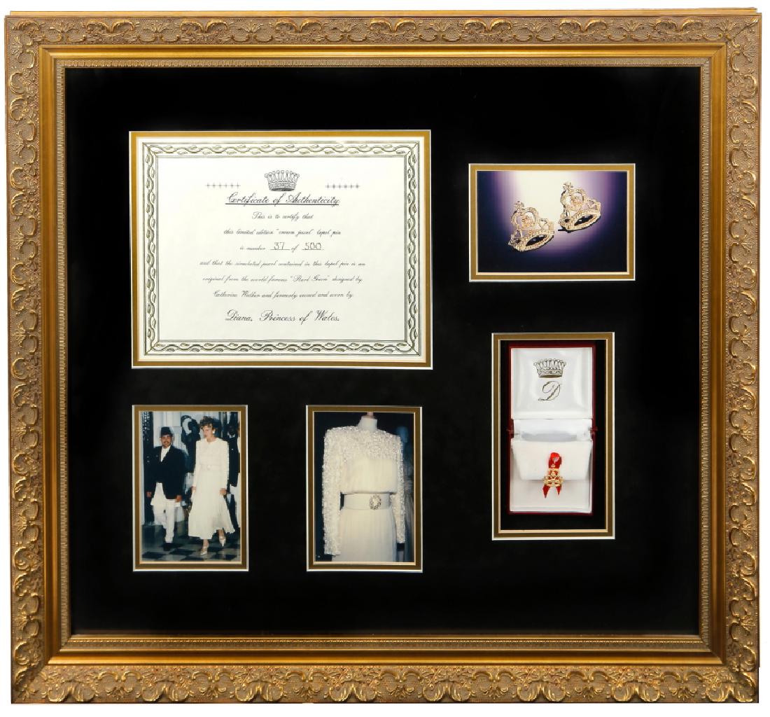 Princess Diana "Crown Jewel" Lapel Pin #37/500: Princess Diana "Crown Jewel" Lapel Pin W/Pearl From Catherine Walker Pearl Gown in Limited Edition Framed Presentation #37/500 W/COA - This beautiful presentation includes a "crown jewel" lapel pin wh