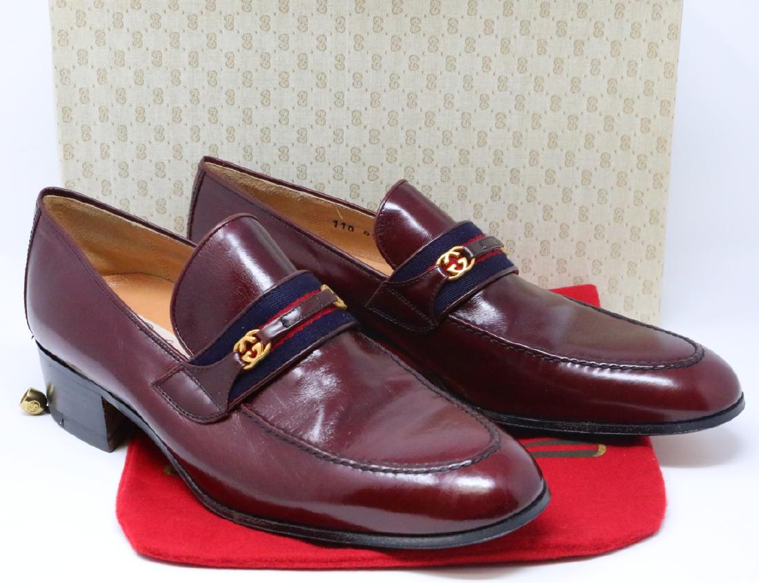 Gucci 1980s Bordeaux Leather Men's GG Logo Loafers (1 of 5)