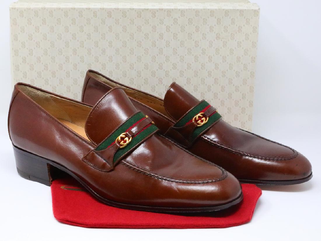 Gucci 1980s Brown Leather Men's GG Web Loafers (1 of 6)