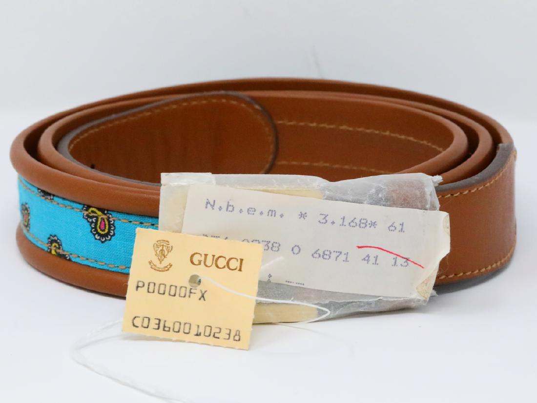 Gucci 1980s Tan Leather/Blue Paisley Belt: Gucci Vintage 1980s Tan Leather/Blue Paisley Belt New W/Tag - This belt by Gucci is made of an ultra soft tan leather with a turquoise blue paisley printed center. The belt is new, and still has the t