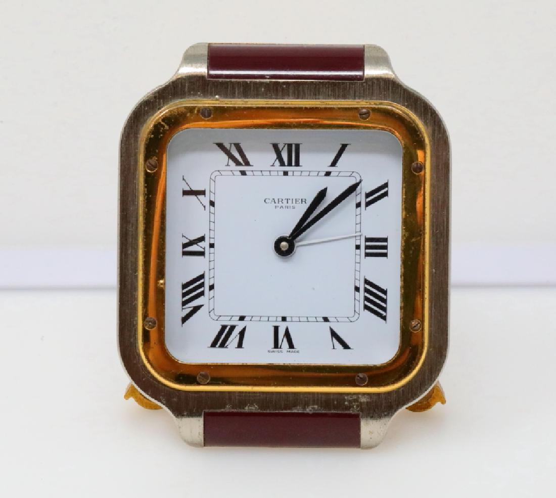 Cartier Vintage Travel Alarm Clock W/Enamel Details: Cartier Vintage Brass & Stainless Steel Travel Alarm Clock W/Enamel Details & Blue Sapphire Button (Working) - This handsome table or travel clock was finely crafted by Cartier. The clock is a vintage