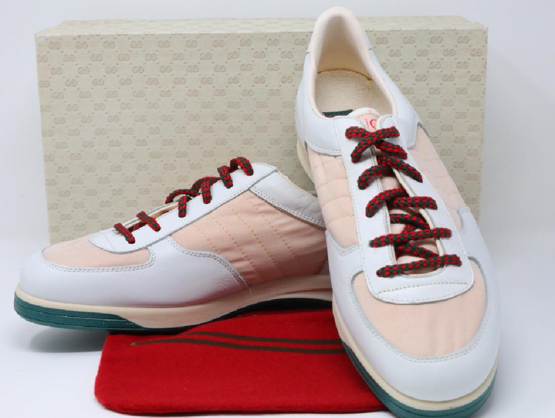 Gucci 1980s Leather & Canvas Men's "Tennis" Sneakers: Gucci Vintage 1980s White Leather & Canvas Men's "Tennis" Sneakers New in Box W/Dust Cover - These vintage "Tennis" men's sneakers by Gucci made their debut in 1984, and were some of the highest selli