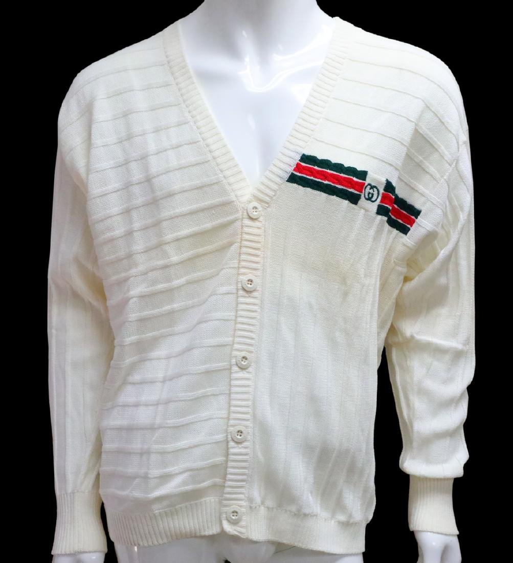 Gucci 1980s Men's Knit Cardigan New W/Tags: Gucci Vintage 1980s Men's Knit Cardigan W/GG Logo & Web Stripe Details New W/Tags - This vintage men's sweater by Gucci is not only a timeless fashion statement, but a highly sought after collector's 