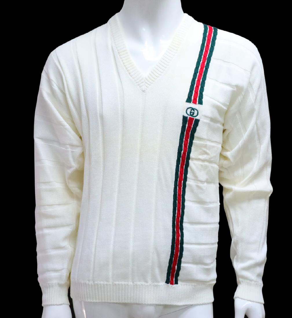 Gucci Vintage 1980s Men's Knit Sweater New W/Tags: Gucci Vintage 1980s Men's Knit Sweater W/GG Logo & Web Stripe Details New W/Tags - This vintage men's sweater by Gucci is not only a timeless fashion statement, but a highly sought after collector's i