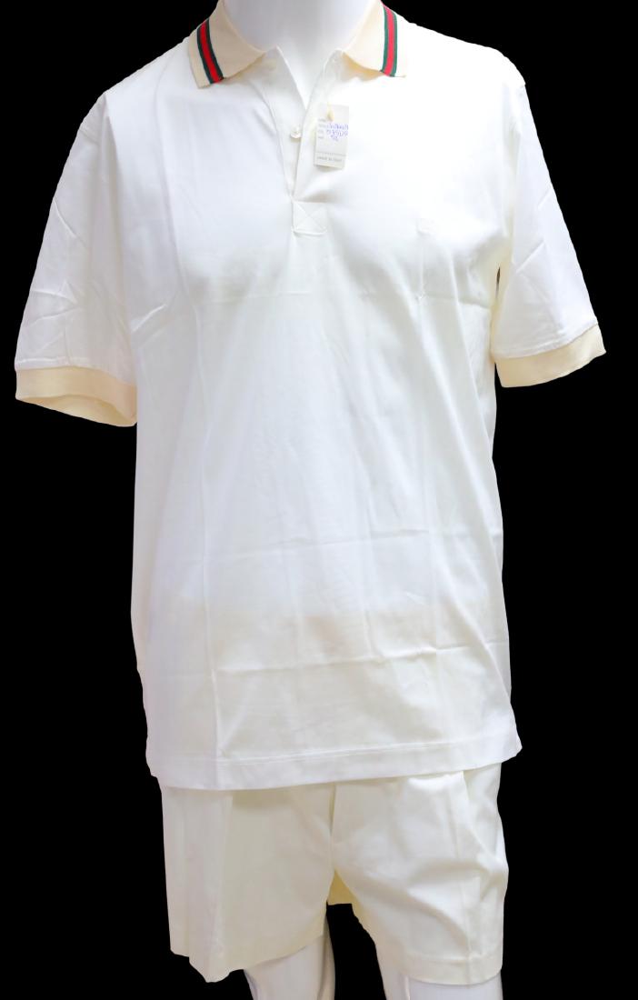 Gucci 1980s Men's Polo Shirt & Tennis Shorts: Gucci Vintage 1980s Men's Polo Shirt & Tennis Shorts W/GG Logo & Web Stripe Details New W/Tags - This vintage men's ensemble by Gucci is not only a timeless fashion statement, but is comprised of high