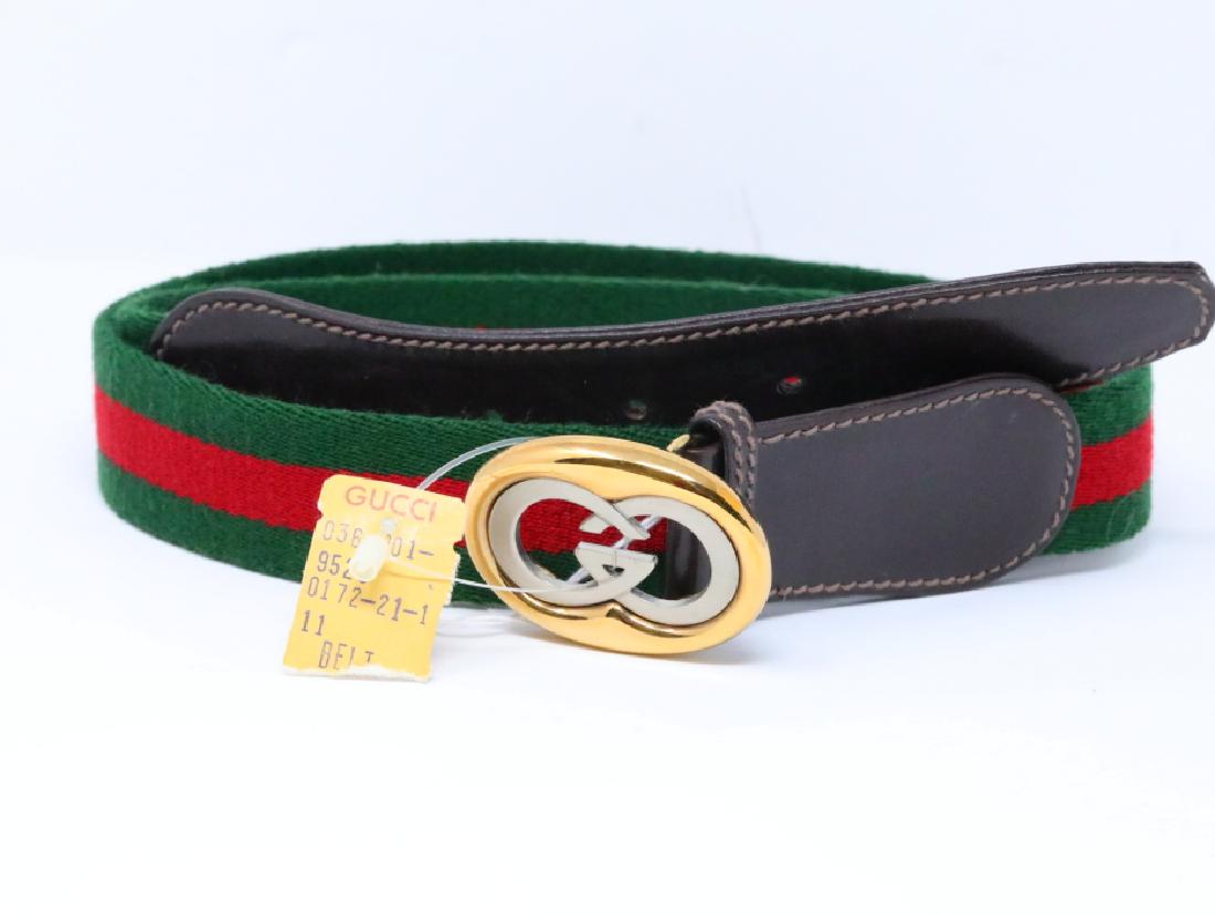 Gucci 1980s GG Web Canvas & Brown Leather Belt: Gucci Vintage 1980s GG Web Canvas & Chocolate Brown Leather Belt New W/Tag - This vintage belt by Gucci consists of the signature red and green Gucci "web" in canvas finished with ultra soft chocolate