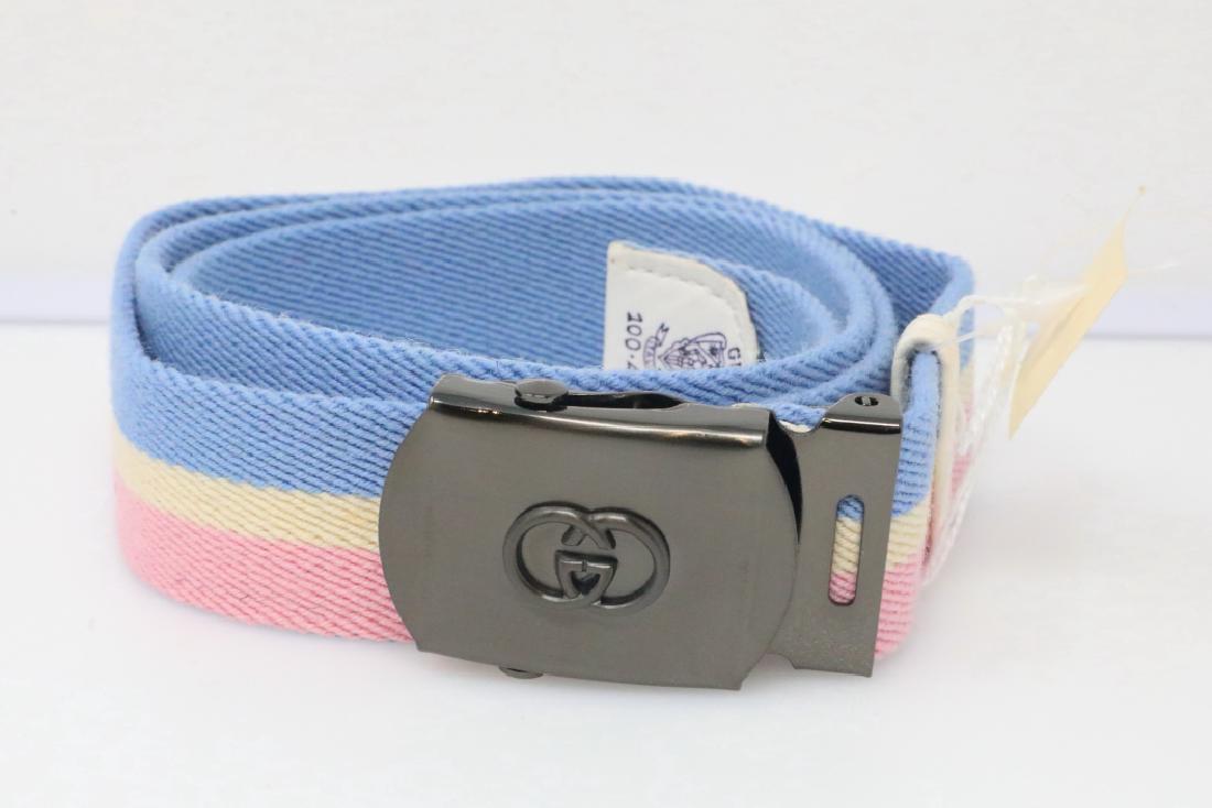 Gucci 1980s Striped Canvas Belt New W/Tag: Gucci Vintage 1980s Striped Canvas Belt W/GG Logo Slide Buckle New W/Tag - This vintage belt by Gucci is constructed of striped pink, ivory and powder blue canvas and is finished with a 2.25" x 1.25" 
