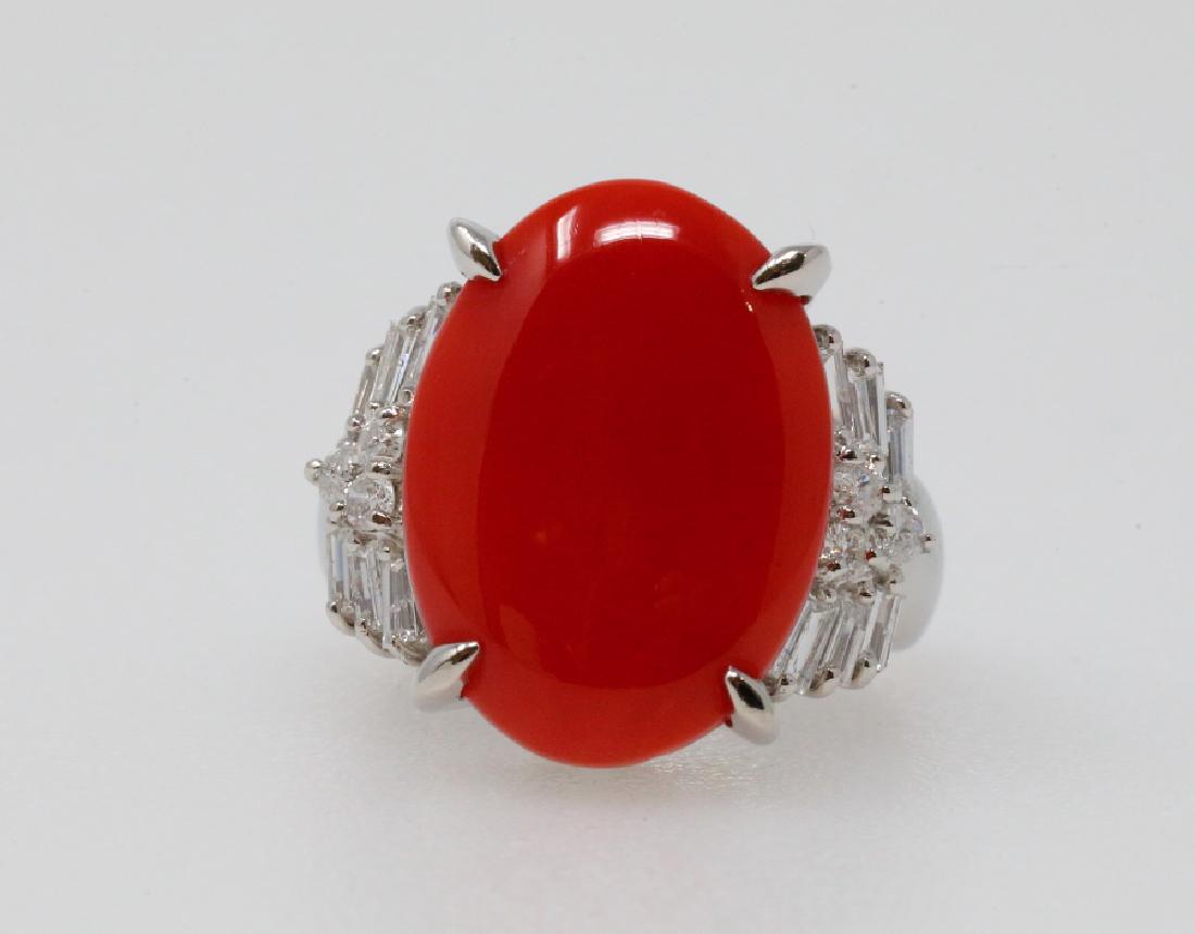 18mm Red Coral & Platinum Ring W/Diamond (1 of 4)