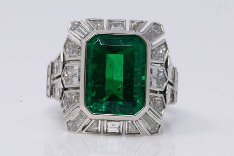 5.60ct Colombian Emerald, 4.20ctw Diamond & Plat. Ring: 5.60ct AGL Certified Colombian Emerald, 4.20ctw VS1-VS2/F-G Diamond & Solid Platinum Ring (Comes W/$145,000 Appraisal) - This stunning ring was finely crafted of solid platinum, and boasts a 5.60ct