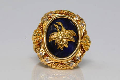 Ilias Lalaounis Blue Sodalite & 18K Ring: Ilias Lalaounis Blue Sodalite & Solid 18K Yellow Gold Ring W/Diamond Accents - This beautiful piece was made in Greece by famed designer Ilias Lalaounis. This jewelry designer is so well loved and his