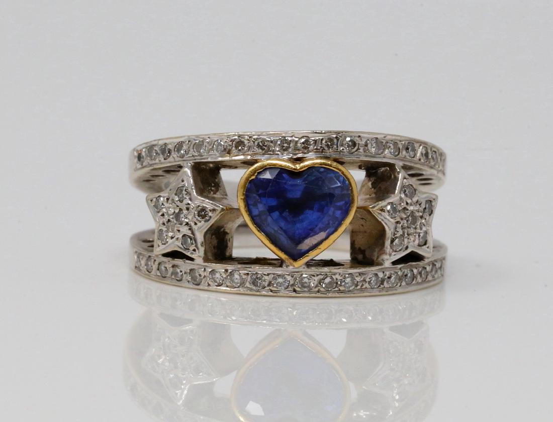 1.25ct Blue Sapphire & 14K Gold 11.5mm Wide Ring: 1.25ct Blue Sapphire & Solid 14K White/Yellow Gold 11.5mm Wide Ring W/Diamond Accents - This lovely ring is made of solid 14k white gold and boasts a 1.25ct (approximate) genuine heart cut blue sapphi