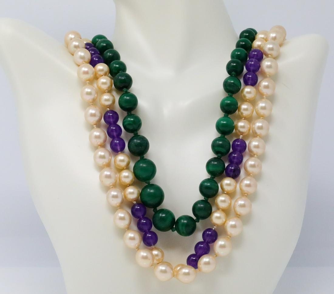 Judy Garland's Personally Owned 3-Strand Necklace: Judy Garland's Personally Owned 3-Strand 22" Necklace Acquired From Mickey Deans W/Letter of Provenance - This 3-strand necklace is comprised of strands of faux pearls and green and purple beads. The 