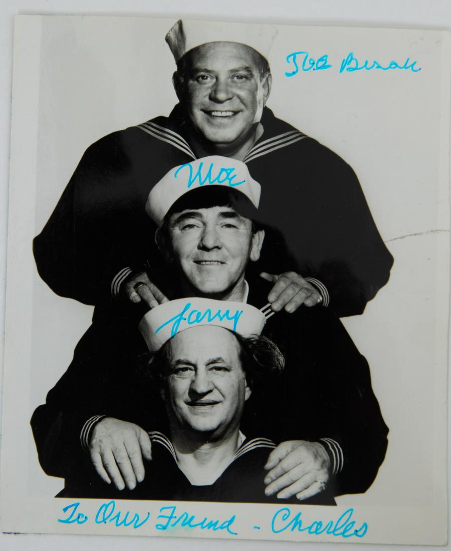 The Three Stooges Joe, Moe & Larry Signed Photo: The Three Stooges Joe Besser, Moe Howard & Larry Fine Signed Photo W/COA - This black and white photograph pictures legendary vaudeville and comedy trio, The Three Stooges, comprised of Joe Besser, Mo