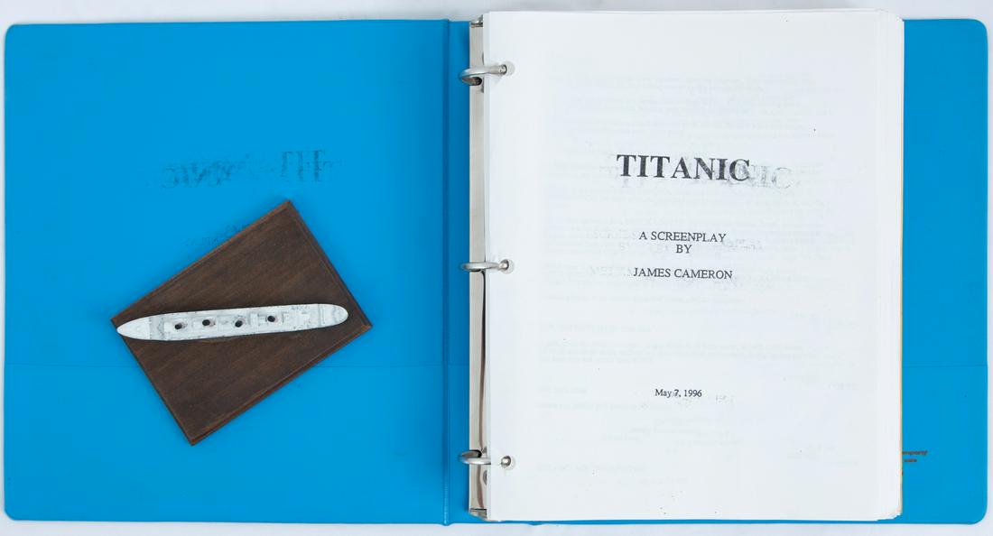 Titanic Screenplay, Storyboard & Model Ship: Titanic (1997) Screenplay, Storyboard & "Perspective" Mounted Model Ship W/COA - This lot includes a copy of the screenplay and storyboard for James Cameron's Oscar winning masterpiece, Titanic. The l