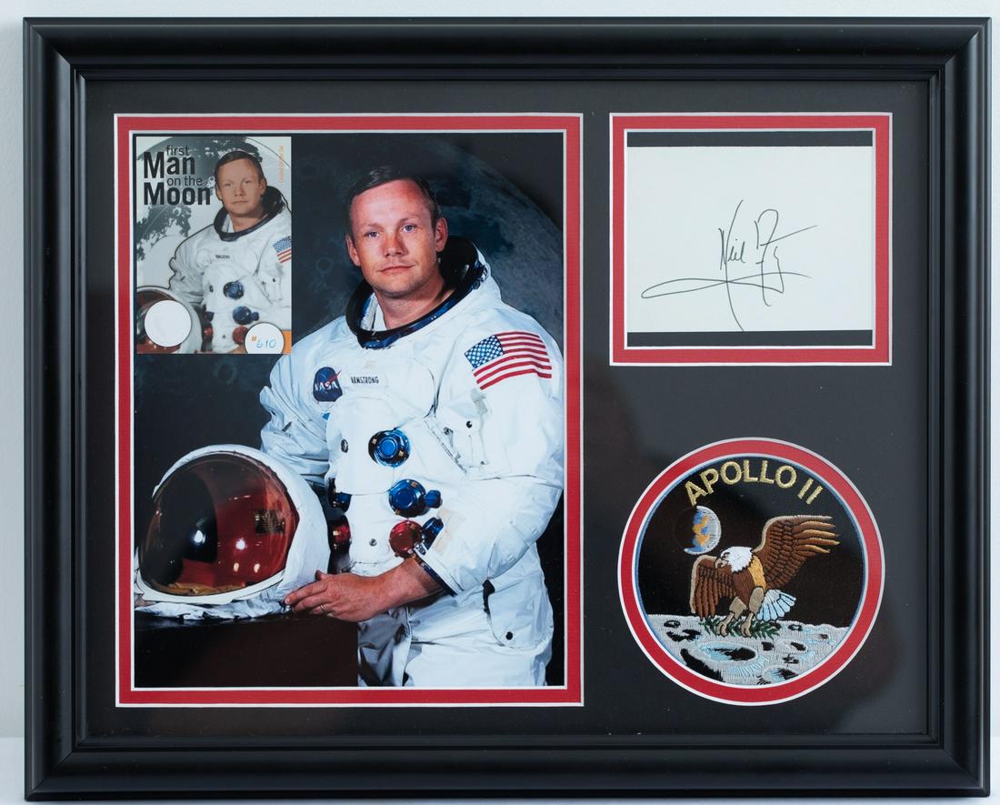 Neil Armstrong Signature Display W/Strand of Hair: Neil Armstrong Exhibit Quality Signature Display W/Apollo 11 Patch, Limited Edition Trading Card & Strand of Hair W/COA - This lovely, exhibit quality framed display contains a signature cut by Neil A