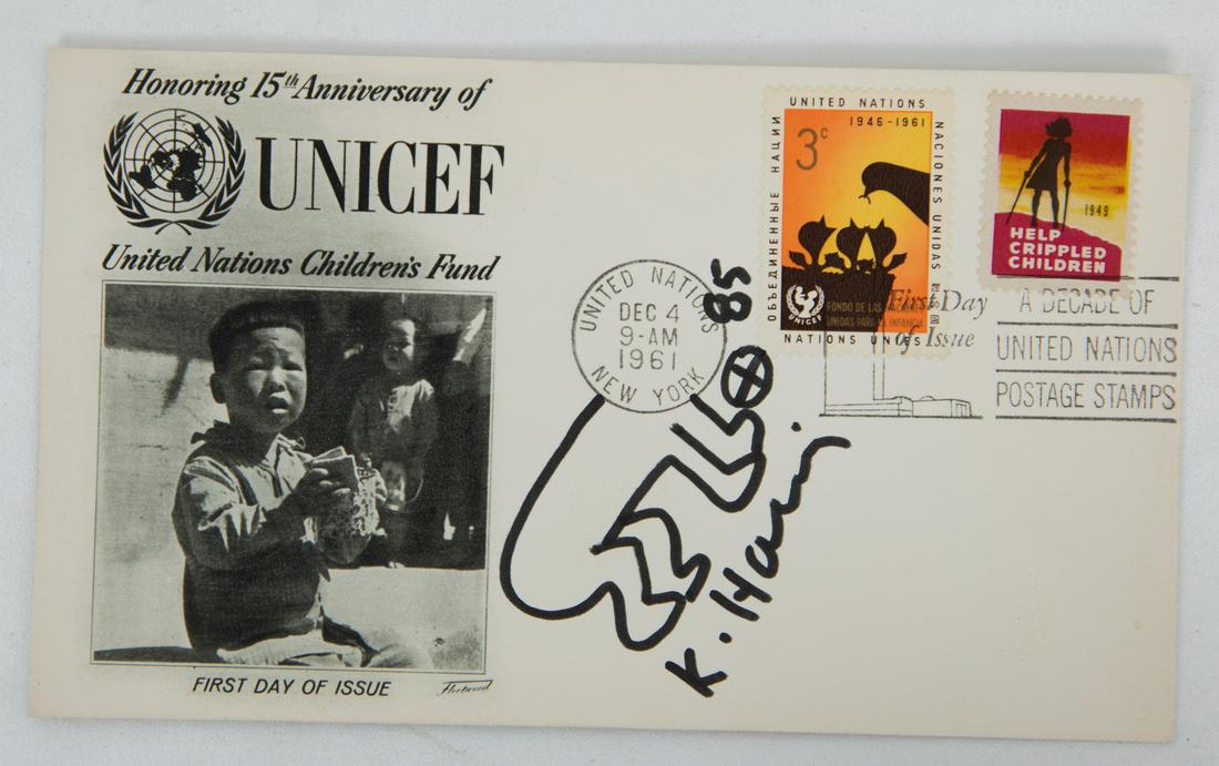 Kieth Haring Signed First Day Cover: Kieth Haring Signed First Day Cover - This first day cover was issued in 1961 to commemorate the 15th anniversary of UNICEF. The cover has been signed by legendary artist pop and grafitti artist, Kiet