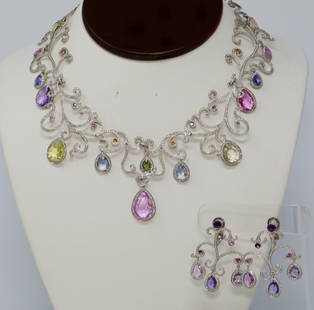 Chopard Sapphire, Amethyst & Diamond 18K Suite: Chopard 33.23ctw Sapphire & Amethyst, 6.31ctw VS1-VS2/F-G Diamond & 18K White Gold Cocktail Necklace/Earring Suite W/Certificate of Origin (Comes W/$115,000 Appraisal) - This superb necklace and