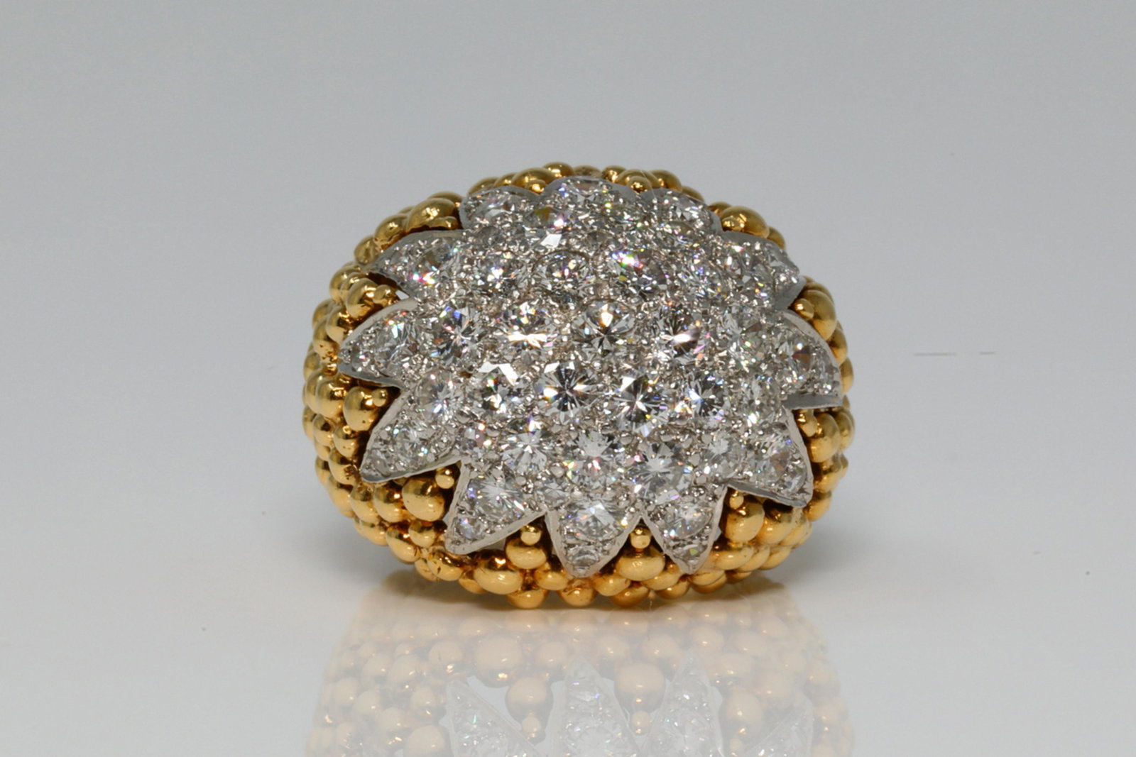 David Webb 2.75ctw Diamond & 18K/Platinum Ring: David Webb 2.75ctw VVS2-VS1/F-G Diamond & Solid 18K Yellow Gold/Platinum Bombe Ring (Comes W/$28,000 Appraisal) - This beautiful ring by David Webb was finely crafted of solid 18k yellow gold and plat