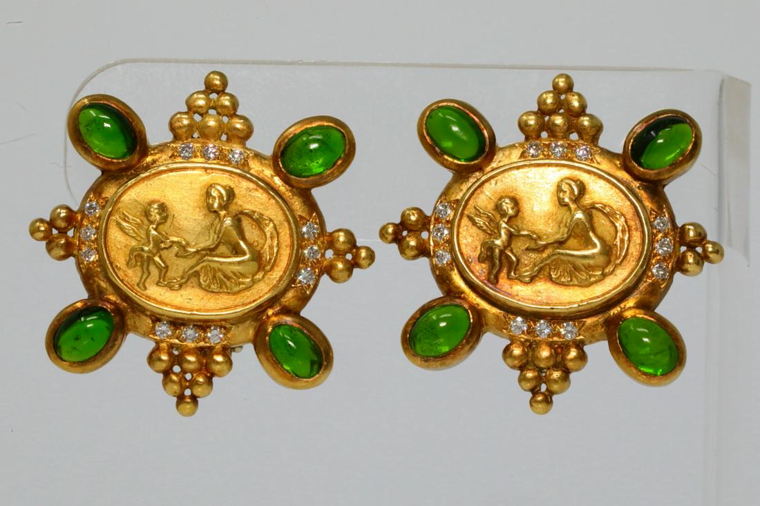 Doris Panos 3.20ctw Green Tourmaline & 18K Earrings: Doris Panos (1993) 3.20ctw Green Tourmaline & Solid 18K Yellow Gold Earrings W/Diamond Accents (Comes W/$10,000 Appraisal) - These beautiful earrings were made by award-winning designer Doris Panos. P