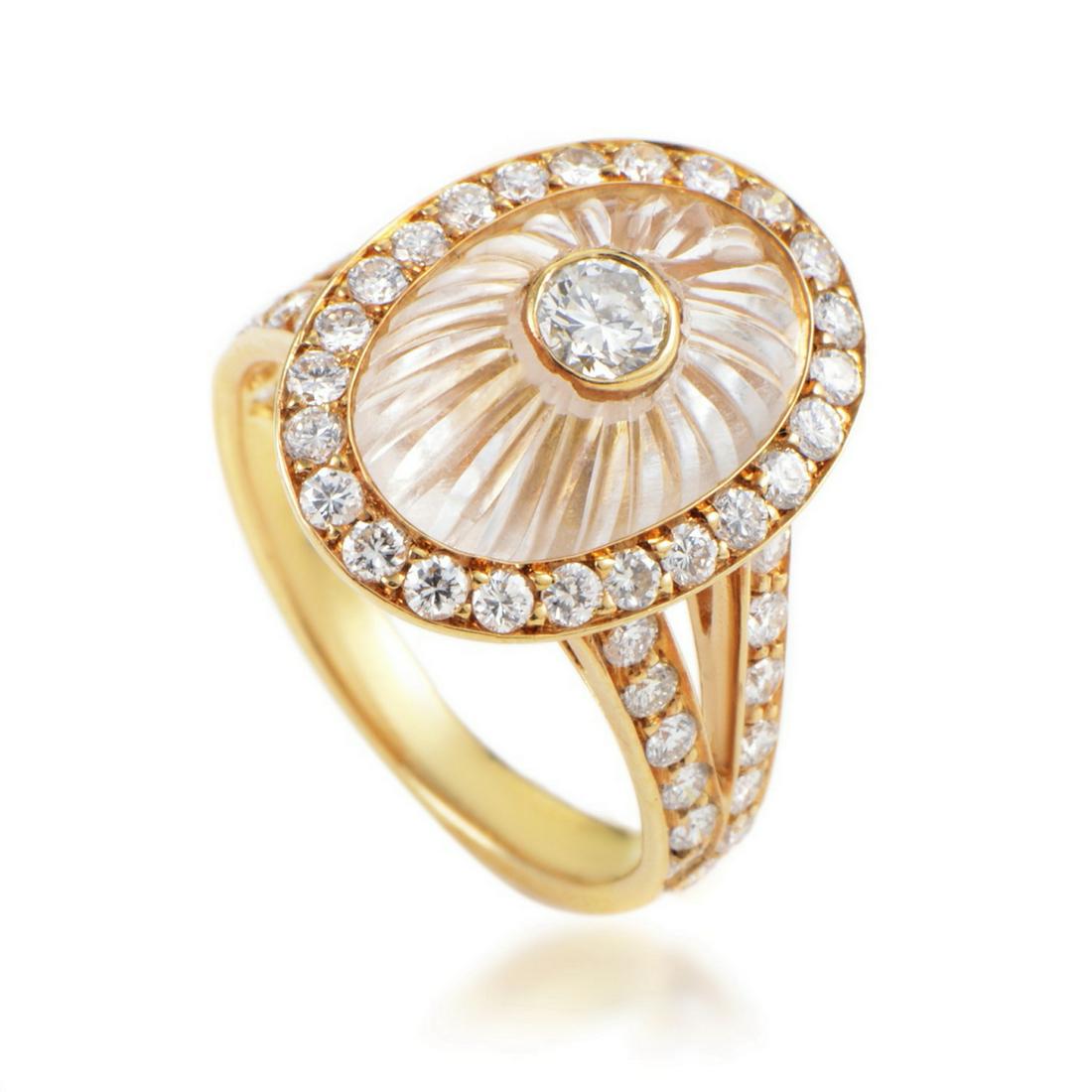 Boucheron .90ctw Diamond, Carved Crystal 18K Ring: Boucheron 0.90ctw VS1-VS2/F-G Diamond Solid 18K Yellow Gold Ring W/Carved Crystal - This lovely ring by Boucheron was finely crafted of solid 18k yellow gold, and has a glistening carved white crystal