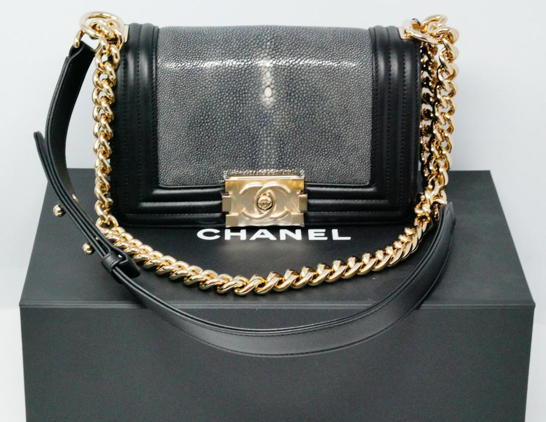 Chanel Galuchat & Black Lambskin Boy Bag Mint W/Box: Chanel Galuchat & Black Lambskin Boy Bag W/Gold Hardware Mint in Box W/Dust Cover - This stunning handbag by Chanel is the instantly recognizable Boy Bag crafted of luxurious grey galuchat (stingray)