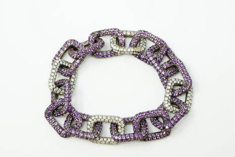 Mimi So 48.50ctw Purple Sapphire & Diamond 18K Bracelet: Mimi So 48.50ctw Purple Sapphire & Diamond Solid 18K White Gold Chain Bracelet - This stunning bracelet by Mimi So has an attractive chain design topped with a plethora of expertly cut gleaming gems.