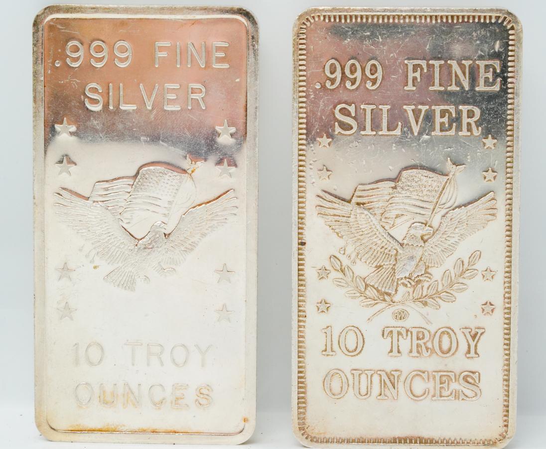 Lot of (2) 10 Troy Ounce .999 Fine Silver Eagle Bars (1 of 2)