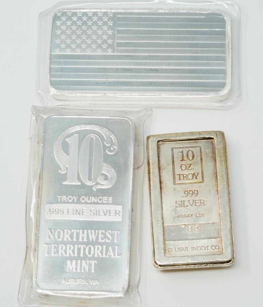 Mixed Lot of (3) 10 Troy Ounce .999 Silver Bars (1 of 4)