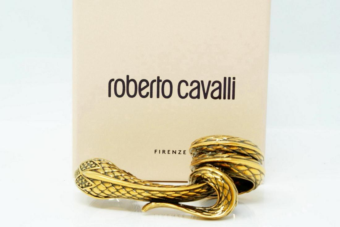 Roberto Cavalli Gold Tone Snake Double Ring (New): Roberto Cavalli Gold Tone Engraved Snake Double Ring New in Box W/Tag - This lovely double ring by Roberto Cavalli is constructed of gold toned metallic brass with a beautiful "antiqued" effect. The r