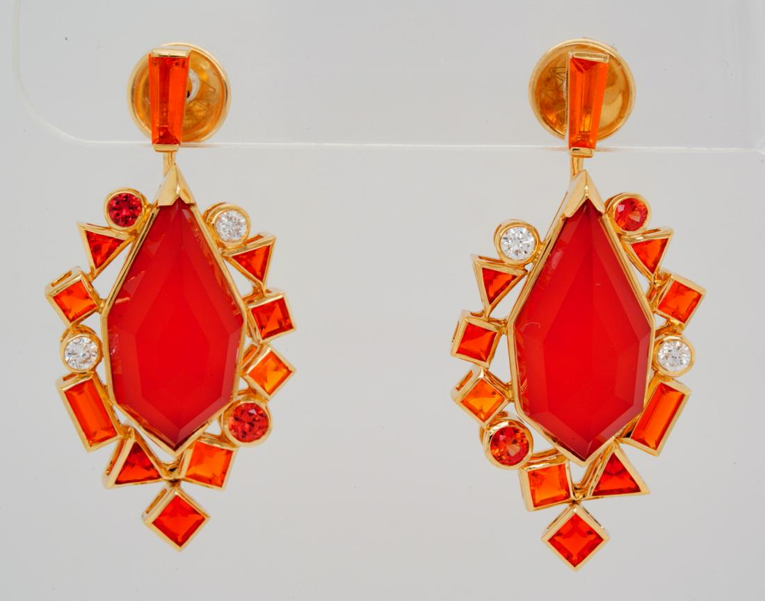 Stephen Webster Sapphire & Fire Opal 18K Earrings: Stephen Webster Gold Struck Collection 1.25ctw Orange Sapphire & Fire Opal, Carved Quartz, Coral & 18K Yellow Gold Earrings W/Diamond Accents - These exquisite earrings were made by world renowned Bri