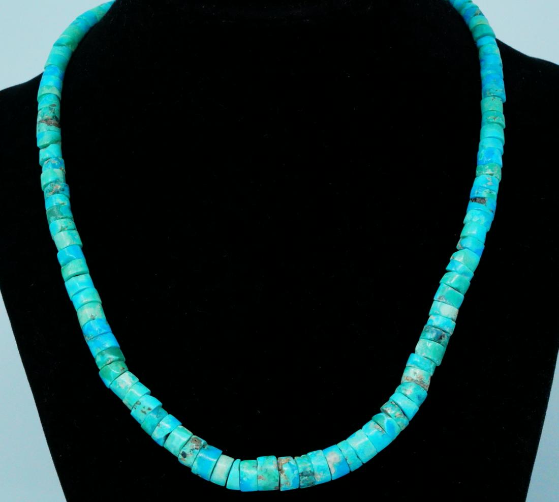 4.5mm-8mm Turquoise 17" Necklace W/Sterling Clasp: 4.5mm-8mm Turquoise Bead 17" Graduated Necklace W/Sterling Silver Clasp - This necklace has a graduated design lined with 4.5mm-8mm genuine turquoise beads. The necklace measures 17" in length and is