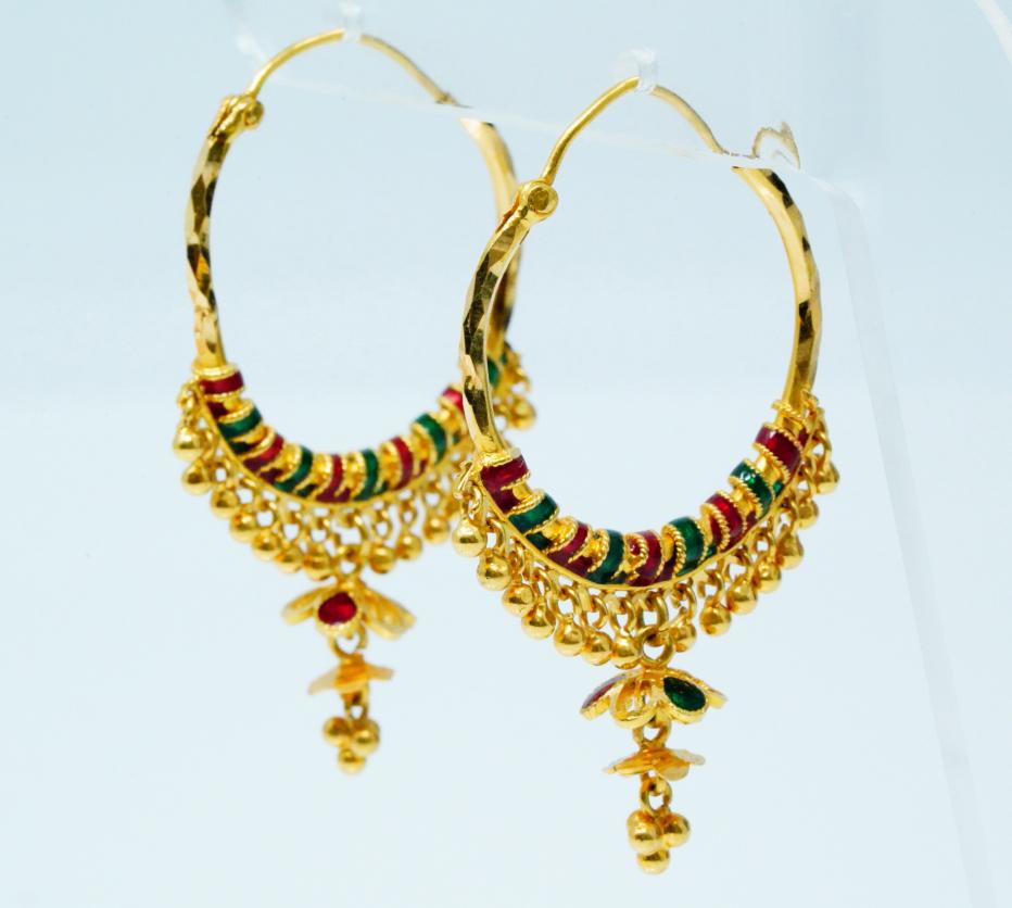 22K Yellow Gold & Enamel 1.8" Tassel Hoop Earrings: Solid 22K Yellow Gold & Enamel 1.8" Tassel Hoop Earrings - These lovely earrings were handcrafted of solid 22k yellow gold. The earrings have a hoop design and are embellished with vivid green and red