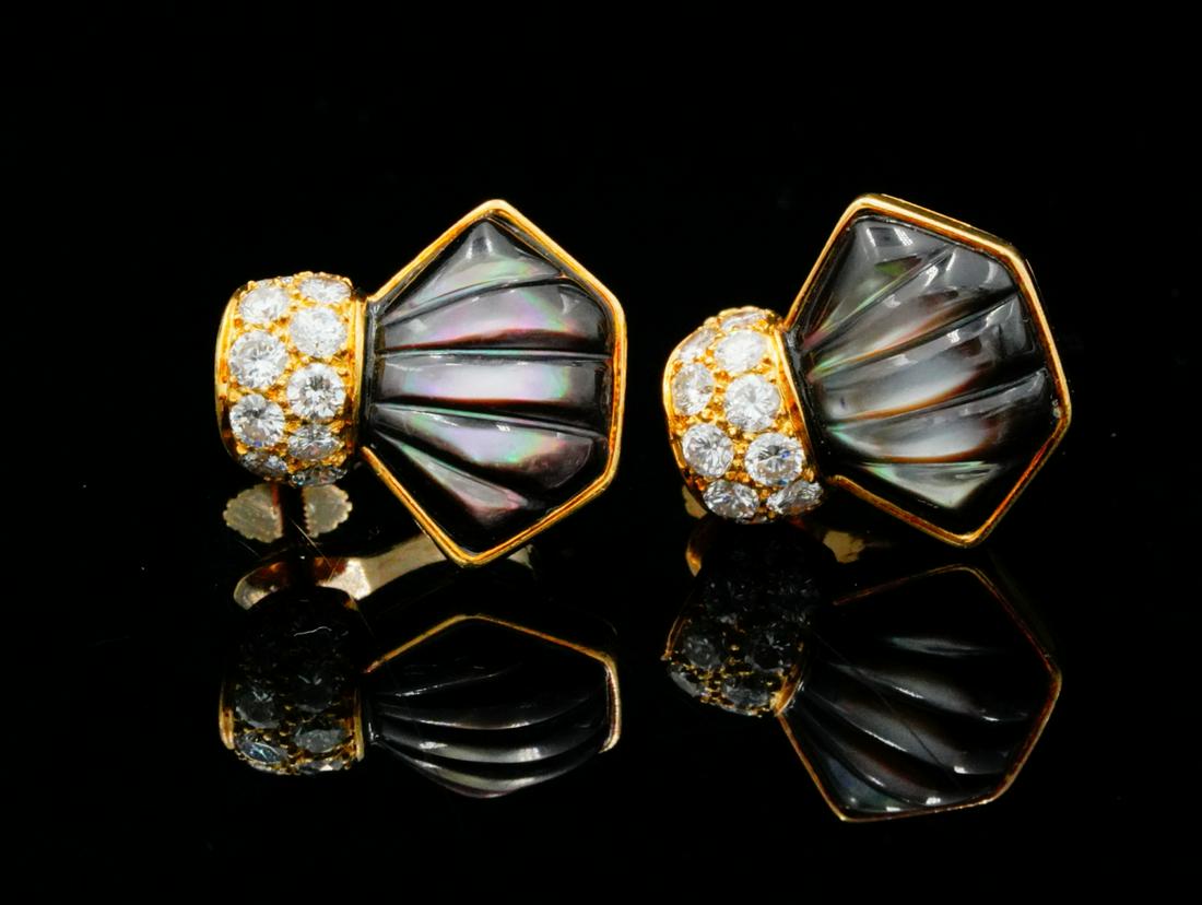 Mauboussin 1.50ctw Diamond, MOP 18K Ear Clips: Mauboussin 1.50ctw VS1-VS2/F-G Diamond, Carved Black Mother of Pearl & Solid 18K Yellow Gold Ear Clips - These beautiful earrings were made by Mauboussin and was finely crafted of solid 18k yellow gol