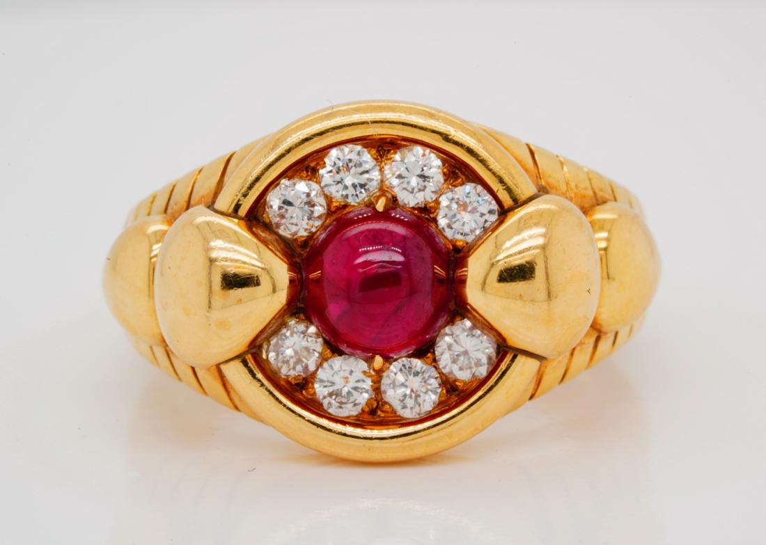 Mauboussin 0.50ct Ruby, 0.50ctw Diamond 18K Ring: Mauboussin 0.50ct Cabochon Ruby, 0.50ctw VS1-VS2/F-G Diamond Solid 18K Yellow Gold Ring - This lovely ring was made by Mauboussin and was finely crafted of solid 18k yellow gold. The ring boasts a 0.5