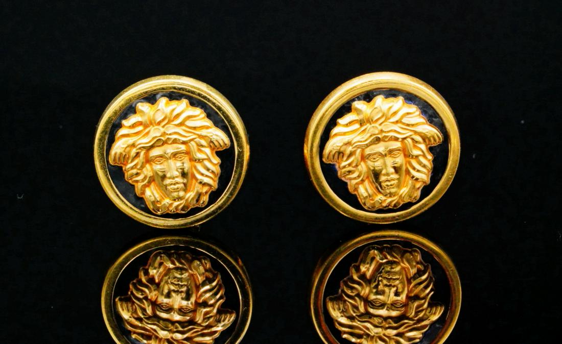 Gianni Versace 18K & Enamel Medusa Head Ear Clips: Gianni Versace Limited Edition Solid 18K Yellow Gold & Black Enamel Medusa Head Ear Clips - These lovely ear clips from the house of Versace were designed by Gianni Versace himself prior to his tragic