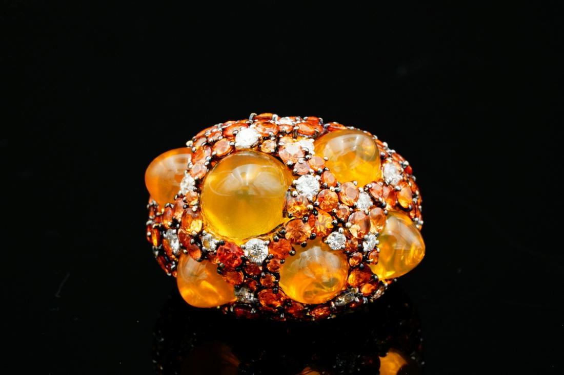 Chimento 11.00ctw Orange Sapphire & Diamond 18K Ring: Chimento Moonrise Collection 9.50ctw Orange Sapphire, 1.50ctw VS1-VS2/F-G Diamond, Yellow Opal & Solid 18K Yellow Gold Ring - This exquisite ring from Chimento's Moonrise Collection has a bombe style