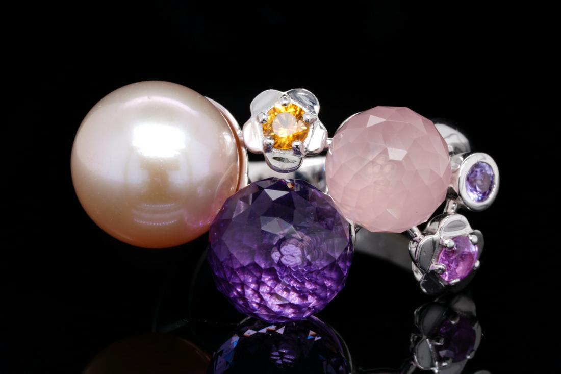 Chanel Camelia Pearl, Amethyst & Quartz 18K Ring (1 of 7)