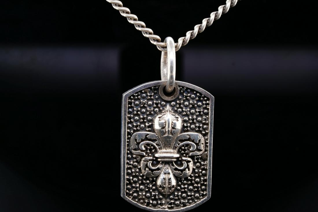 King Baby Sterling Silver Necklace W/Black Diamonds: King Baby "Queen Baby" Solid Sterling Silver 24" Fleur de Lis Dog Tag Necklace W/Black Diamonds - This necklace was made by King Baby and is a limited edition piece from the Queen Baby collection. The