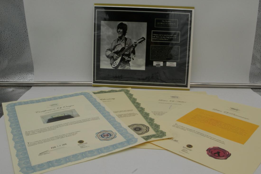 George Harrison Lock of Hair & Shirt Piece W/COA: George Harrison Lock of Hair & Shirt Piece Cut During Filming of "A Hard Day's Night" by John O'Gorman W/(5) Documents of Provenance - This is a genuine lock of hair which was cut from George Harrison