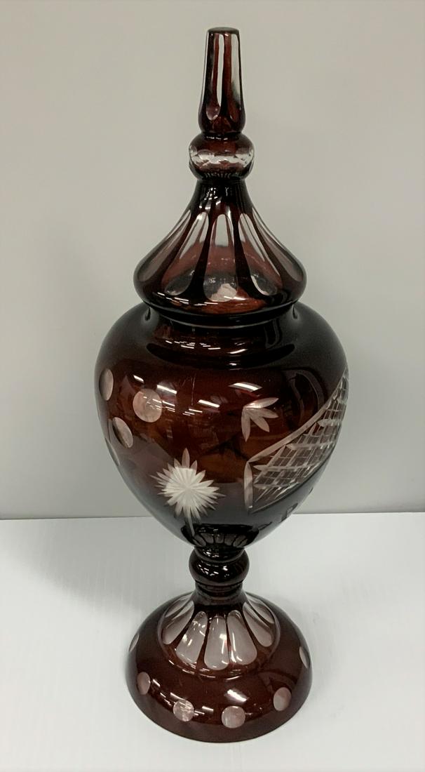 Vintage Red Cut to Clear Glass Lidded Urn Vase (1 of 1)