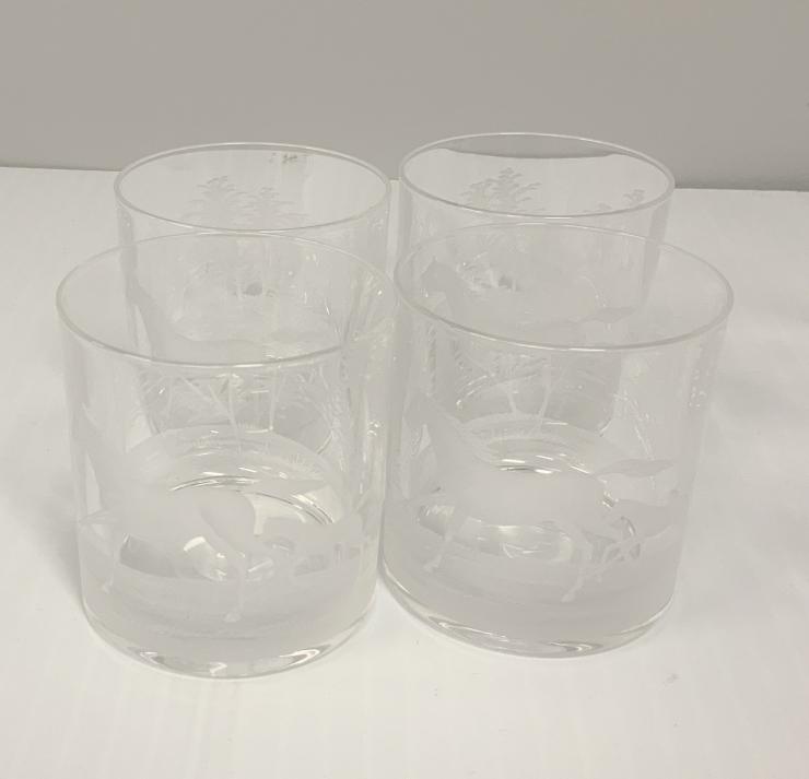 (4) SPC Hungarian Crystal Hand-Etched Tumblers: Set of (4) SPC Hungarian Crystal Hand-Etched Tumblers - These exquisite crystal tumbler glasses were made in Hungary by SPC and have a lovely hand-etched design of horses. The lot includes (4) glasses