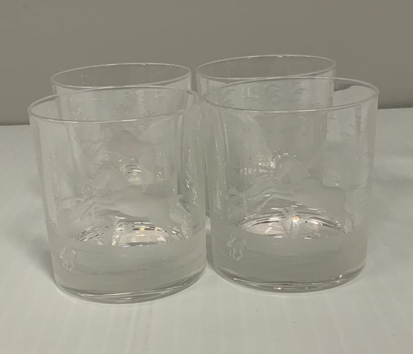 Set of (4) SPC Hungarian Crystal Hand-Etched Tumblers: Set of (4) SPC Hungarian Crystal Hand-Etched Tumblers - These exquisite crystal tumbler glasses were made in Hungary by SPC and have a lovely hand-etched design of horses. The lot includes (4) glasses
