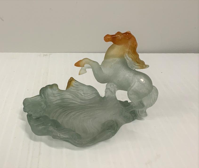 Daum Crystal Rearing Horse Dish: Daum Crystal Rearing Horse Dish - This beautiful Rearing Horse dish was made by Daum crystal and has a lovely design with a smoked glass bottom and amber accents. Measurements: 5.5" x 4". PLEASE NOTE,