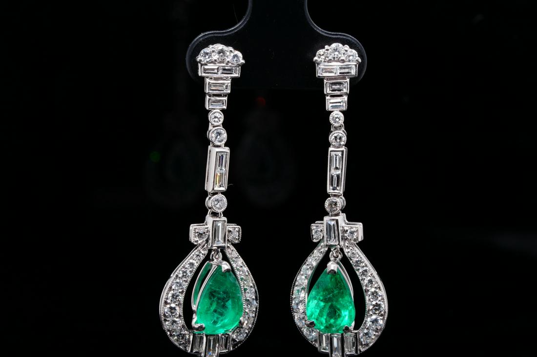 3.50ctw Emerald, 2.20ctw Diamond Platinum Earrings (1 of 4)