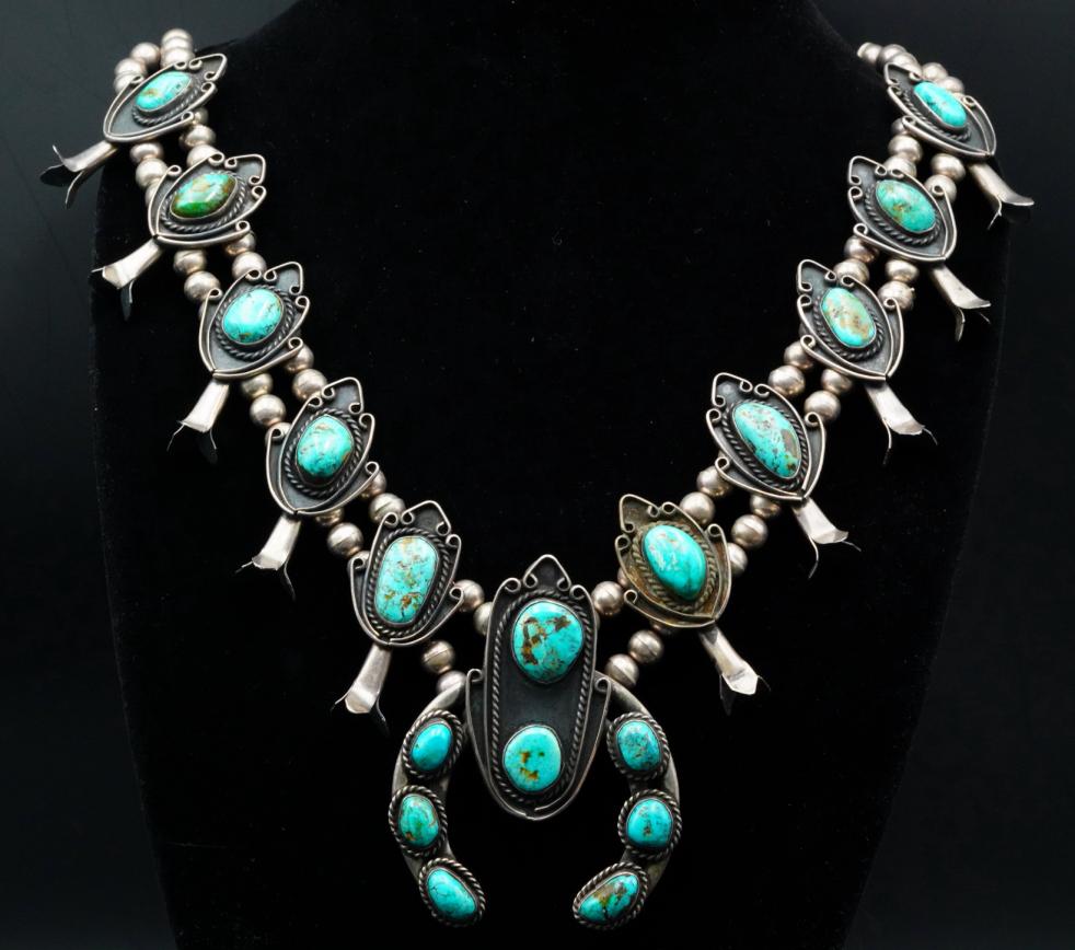 Solid Sterling & Turquoise Squash Blossom Necklace (1 of 8)