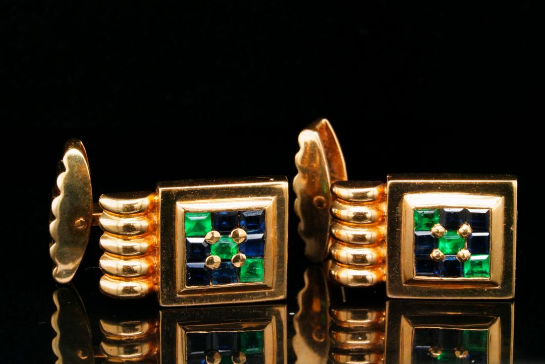French 2.15ctw Blue Sapphire & Emerald 18K Cufflinks (1 of 5)