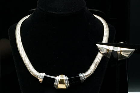 Bondanza Sterling Silver, 18K & Onyx Necklace/Brooch: Michael Bondanza Deco Collection Solid Sterling Silver, 18K Yellow Gold & Onyx Necklace/Brooch - This lovely jewelry suite was made by award-winning designer Michael Bondanza and has a Deco style desi