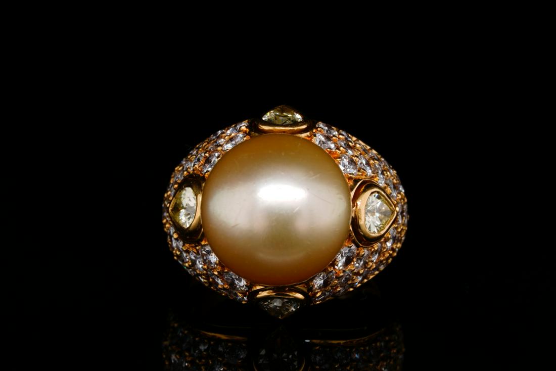 5.00ctw Yellow & White Diamond, 13mm Pearl 18K Ring (1 of 4)