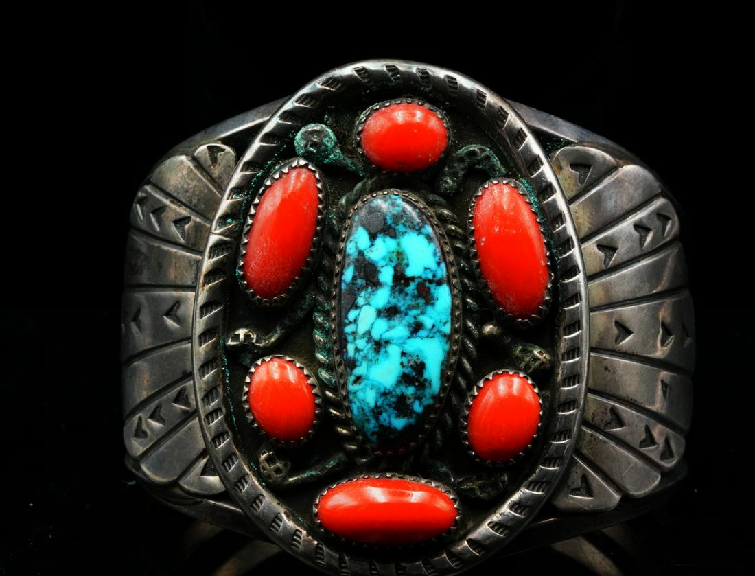 Navajo 1970s Coral, Turquoise & Sterling Silver Cuff (1 of 4)
