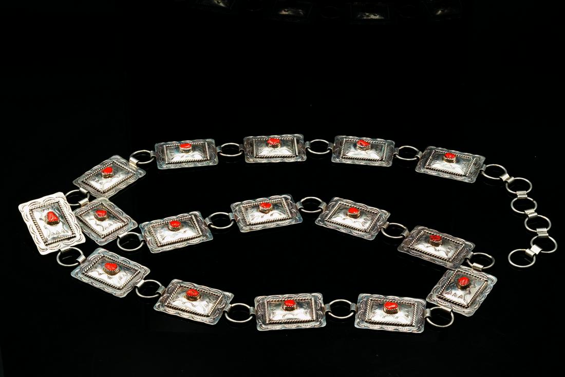Benson Yazzie Coral & Sterling Silver Concho Belt (1 of 4)